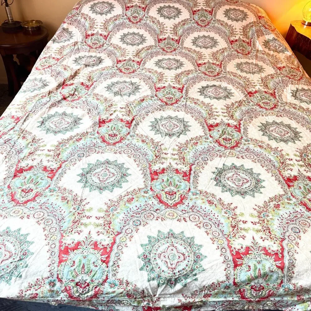 Pottery Barn Full Queen Duvet Cover Ivory Red Teal Medallion Paisley Floral Boho